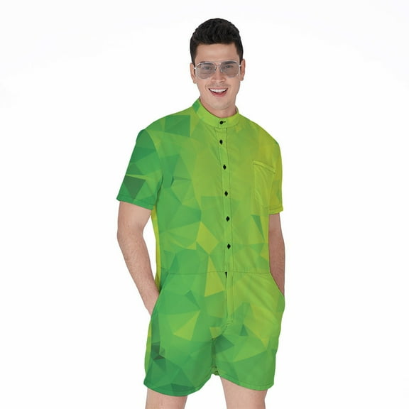 Lime Green Polygonal Geometric Short Sleeve Men'S Rompers Casual Summer Jumpsuits Outfit