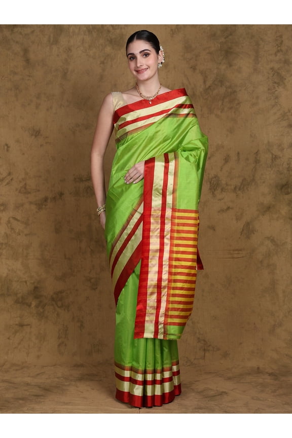 Lime-Green Pure Silk Garad Saree from Bengal with Stripes Anchal
