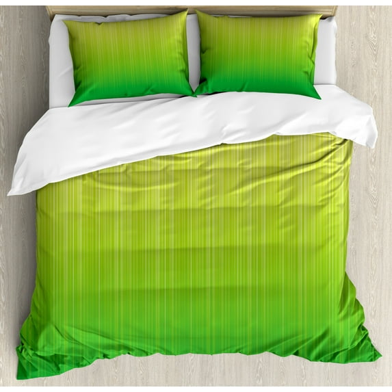 Lime Green Queen Size Duvet Cover Set, Pin Striped Digital Background Highlight Lines Abstract Style Futuristic Print, Decorative 3 Piece Bedding Set with 2 Pillow Shams, Pale Green, by Ambesonne