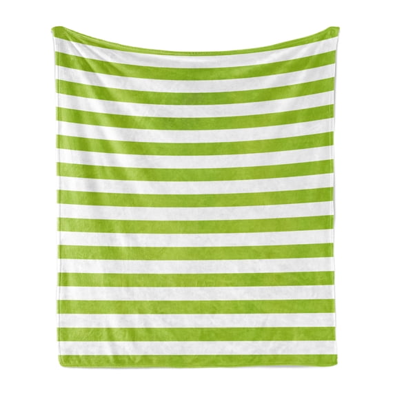 Lime Green Soft Flannel Fleece Throw Blanket, Horizontal Stripes Simplistic Watercolor Paintbrush Large Lines Image, Cozy Plush for Indoor and Outdoor Use, 50" x 60", White Lime Green, by Ambesonne