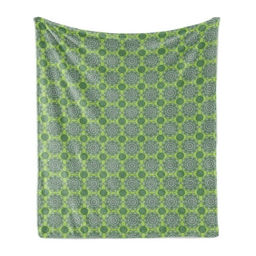 Lime Green Soft Flannel Fleece Throw Blanket, Oriental Moroccan Mandala Middle Eastern Boho Retro Pattern, Cozy Plush for Indoor and Outdoor Use, 70" x 90", Fern Green White, by Ambesonne