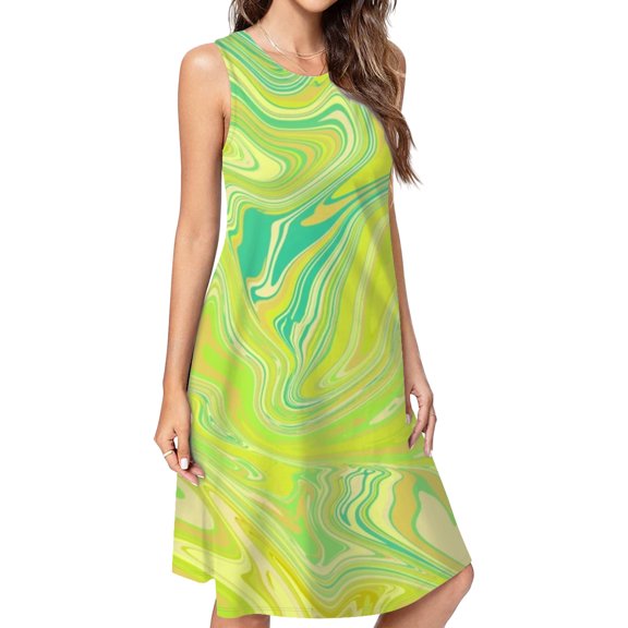 Lime Green Swirls Casual Sleeveless Loose Sundress Dress For Women Summer Dress Daily Woman