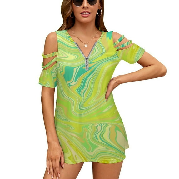 Lime Green Swirls Womens Summer V Neck Zipper Top Short Sleeve T Shirt Off Shoulder Top Casual Classy Loose Shirts