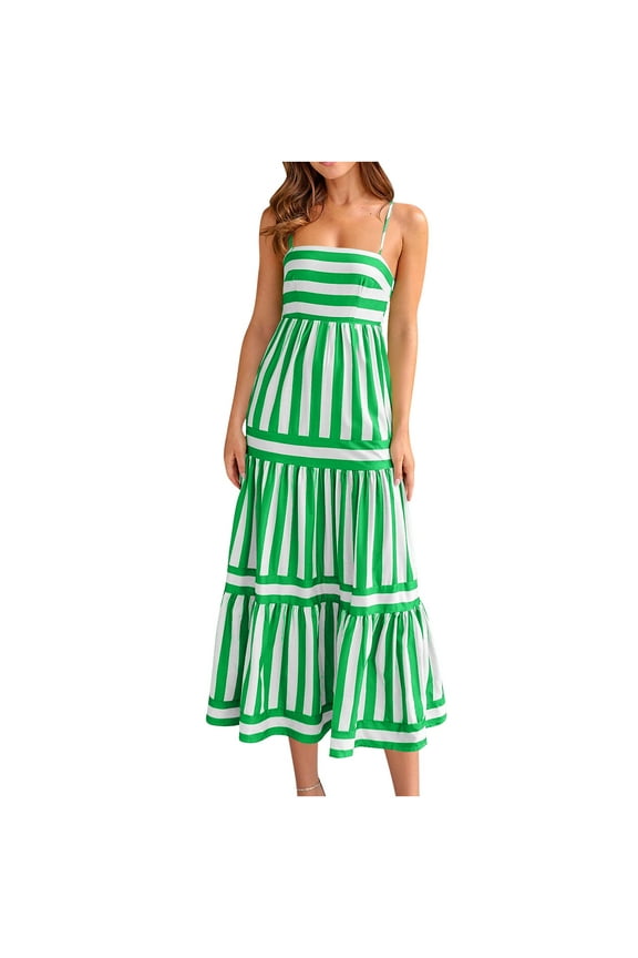 Lime Green Teen Girls Loose Fit Square Neck Dresses for Women Sleeveless Slip Maxi Long Casual Striped Fall Summer Dresses Button Down 2025 Clothes Fashion M