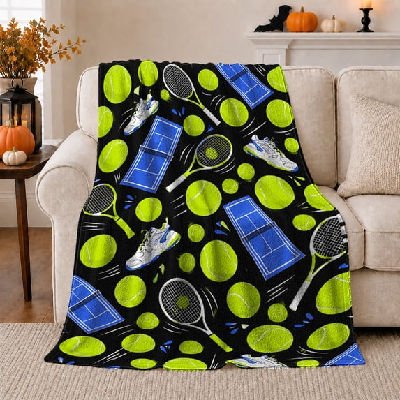 Lime Green Tennis Ball Court Art, Playful Artistic Scene, Warm Flannel Blanket for Living Room and Bedroom with Detailed Artwork, Art Lovers Housewarming Gift, Artistic Home Decor