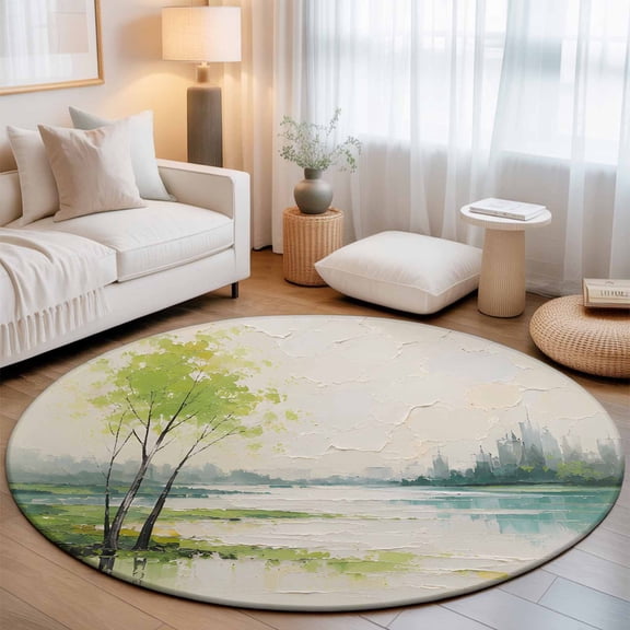 Lime Green Trees 7' Round Rugs for Living Room Conversation Area, Rustic Mountains Lake Reflection Landscape Washable Non Slip Large Circle Area Rug Under Dining Table