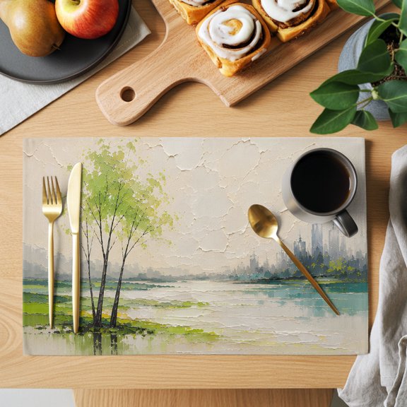 Lime Green Trees Placemats Set of 2 Rustic Mountains Lake Reflection Landscape Heat Insulation Washable Place Mats, Non-Slip Table Mats for Dining Table Party Kitchen Decor, 13x19 Inch