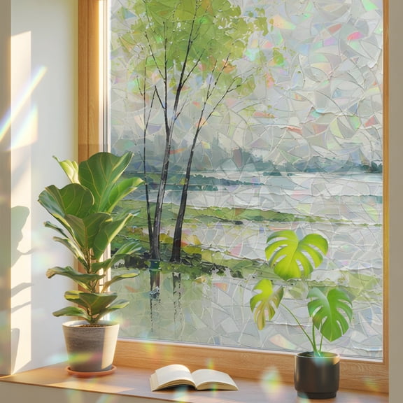 Lime Green Trees Window Privacy Film, Rustic Mountains Lake Reflection Landscape Static Cling Stained Glass Window Sticker Decorative Removable Rainbow Film for Glass 17.7”x39.3”