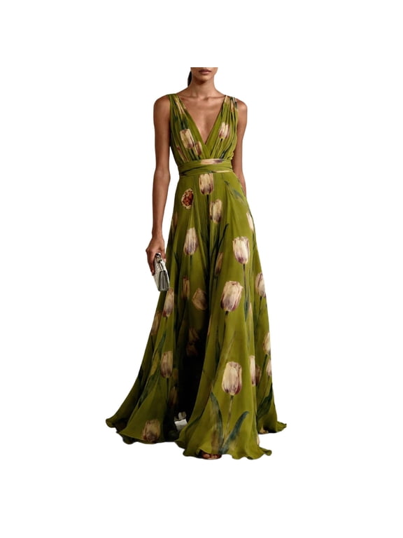Lime Green V Neck Chiffon Dresses for Ladies Summer Fall Sleeveless Floral Print Maxi Long Long Slimming Tunic Going Out Dresses Womens 2026 Clothes Trendy M
