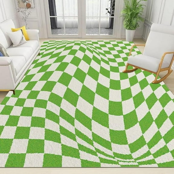 Lime Green Wavy Chessboard Area Rug Aesthetic Abstract Living Room Rug Soft Non-Shedding Washable Home Decor Carpet For Bedroom School Kitchen 5 x 6ft