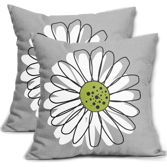 Lime Green White Daisy Pillow Covers 18x18 Set of 2 Spring Summer Gray Grey Colored Decorative Throw Pillows Outdoor Modern Art Flower Pillowcase Square Linen Cushion Case for Home Sofa Couch Bed