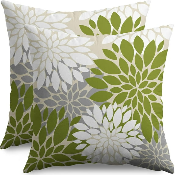 Lime Green White Grey Gray Pillow Covers 20X20 Inch Set of 2, Modern Dahlia Floral Print Decorative Throw Pillow Covers Outdoor Farmhouse Cushion Case for Home Couch Sofa Bed Decoration