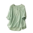 thumbnail image 1 of Lime Green Women Embroidered Graphic Tshirts Boat Neck Faux Linen Tops Tee for Women Short Sleeve Fall Summer Shirts Button 2025 Clothes Y2K XL, 1 of 6