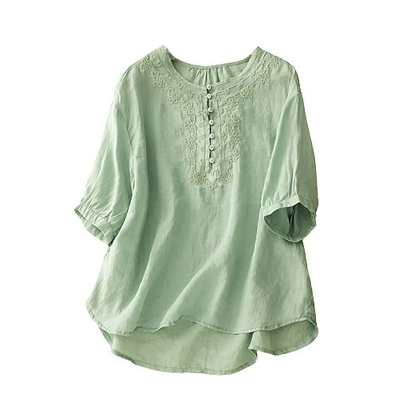 Lime Green Women Embroidered Graphic Tshirts Boat Neck Faux Linen Tops Tee for Women Short Sleeve Fall Summer Shirts Button 2025 Clothes Y2K XL