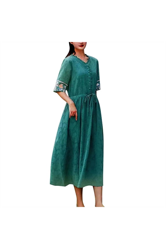 Lime Green Women V Neck Faux Gauze Linen Dresses for Women Short Sleeve Embroidered Swiss Dot Hippy Victorian Renaissance Peasant Steampunk Midi Summer Fall Dresses 2026 M