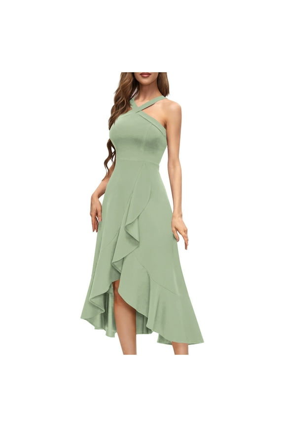 Lime Green Womens Crew Neck Backless Halter Strap Formal Date Night Evening Elegant Dress Homecoming Dresses for Ladies Sleeveless Ruffle Basic Maxi Long Summer Fall 2025 L