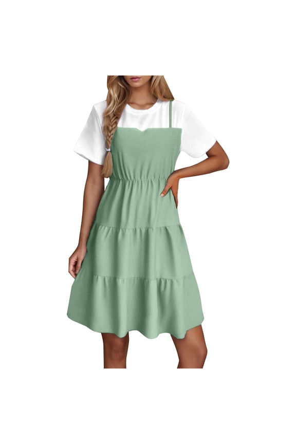 Lime Green Womens Crewneck Dress for Ladies Slip Short Sleeve Midi Happy Vacation Gift Fake 2 Summer Fall Dress 2026 Clothes Trendy Country Concert L