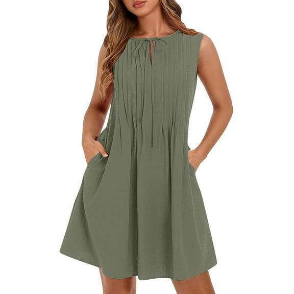 Lime Green Womens Crewneck Lace Faux Linen Dresses for Ladies Sleeveless Midi Knee Length Lounge Pleated Tie Knot Plain Fall Summer Dresses 2025 Clothing L