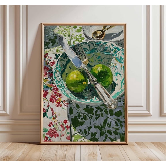 Lime Kitchen Wall Art Rustic Still Life Poster Green Fruit Decor, Stretched Canvas