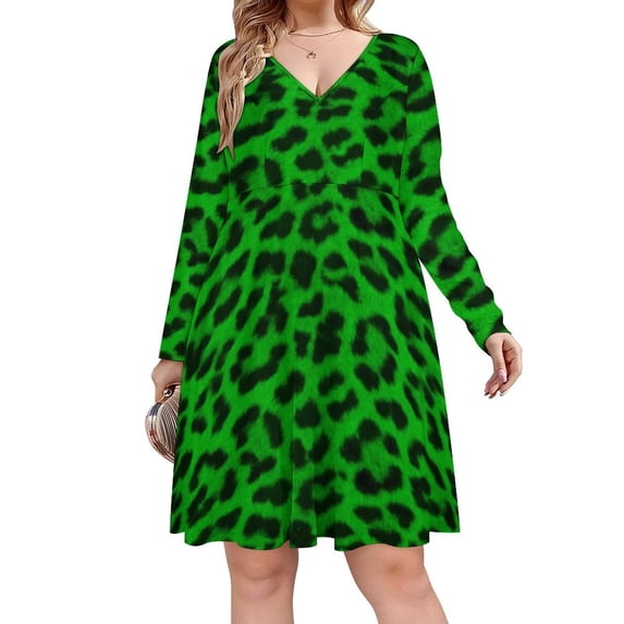 Lime Leopard Print Long Sleeve Dresses For Women Vintage Elegant Party Dress Oversized V-neck Dress S-8XL