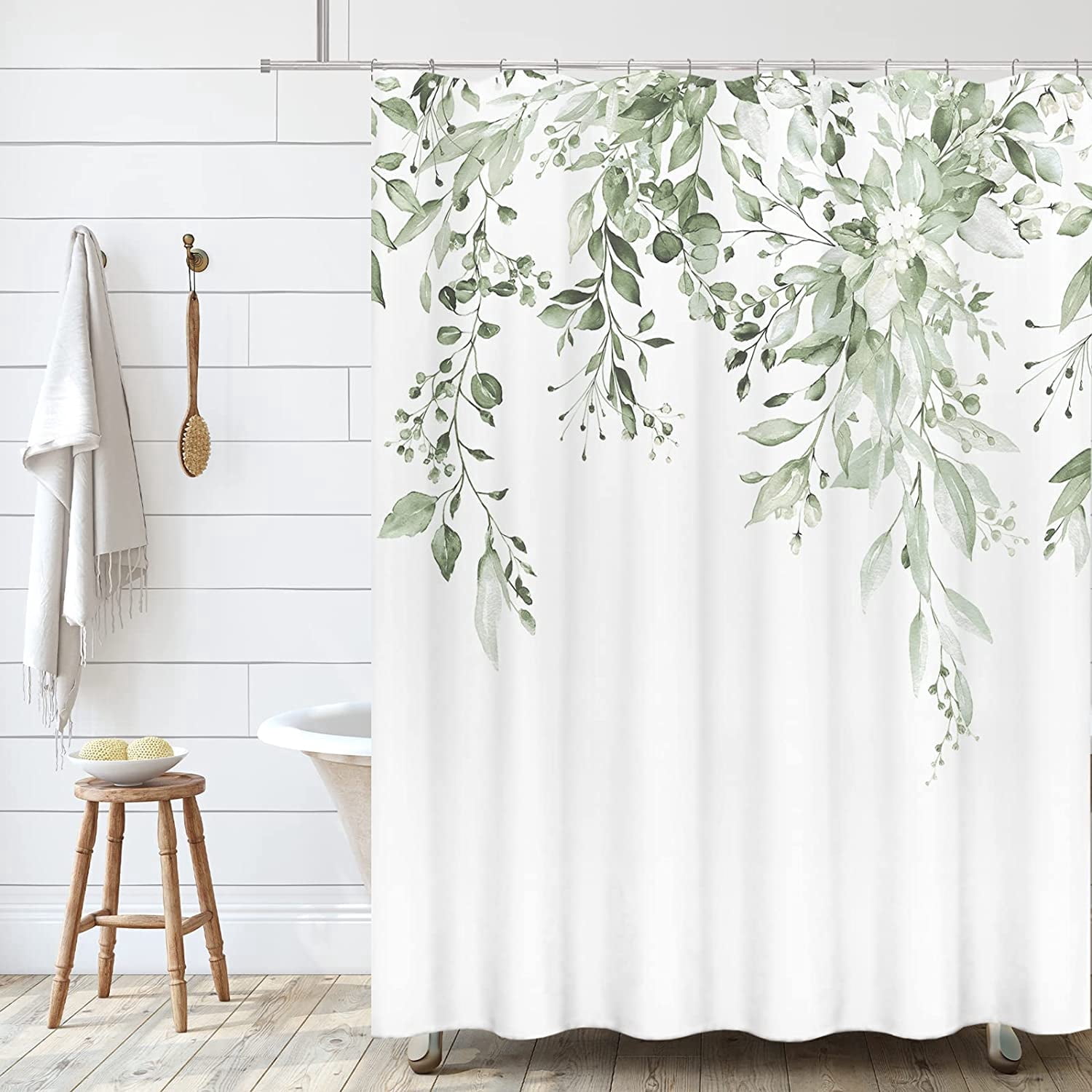 Lime Light Green Eucalyptus Shower Curtain Sets, Watercolor Leaves on The Top Plant with Floral Bathroom Decoration 72x84 Inch with Hooks