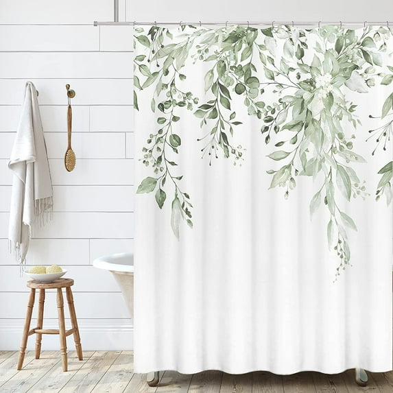 Lime Light Green Eucalyptus Shower Curtain Sets, Watercolor Leaves on The Top Plant with Floral Bathroom Decoration 72x84 Inch with Hooks