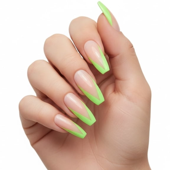 Lime Love, Natural Nude Green V French Press On Nails, Extra Long Tips Ballerina False Nails Set