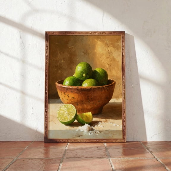 Lime Still Life Poster Mexican Kitchen Wall Art Terracotta Bowl Art, Unframed Poster