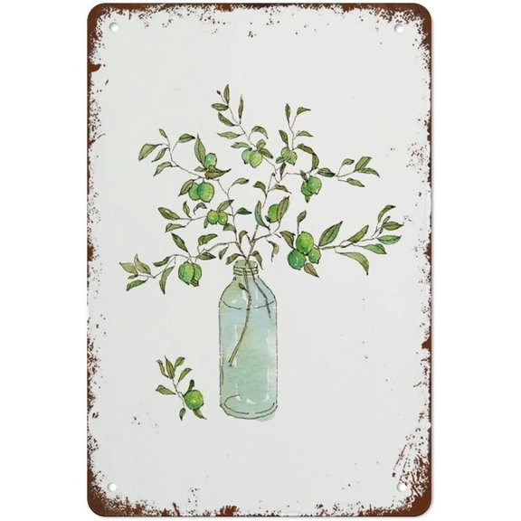 Lime In Vase Watercolour Citrus Print Wall Art Housewarming Gift Kitchen Decor Botanical Print Kitchen Funny Vintage Metal Tin Sign For Bedroom Living Room Kitchen Yard Garden Wall Decor Gift 12 x 8