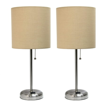 Limelights - Brushed Steel Stick Lamp with Charging Outlet and Fabric Shade 2 Pack Set