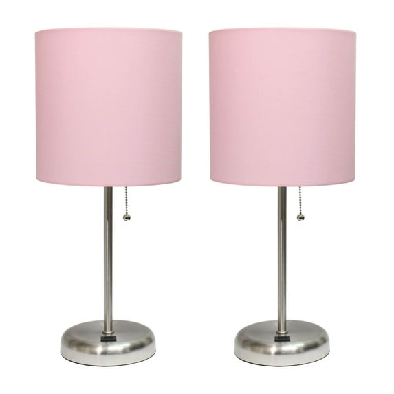 LimeLights Silver Metal Stick Lamp w/ USB Port 2 Pack with Light Pink Shade