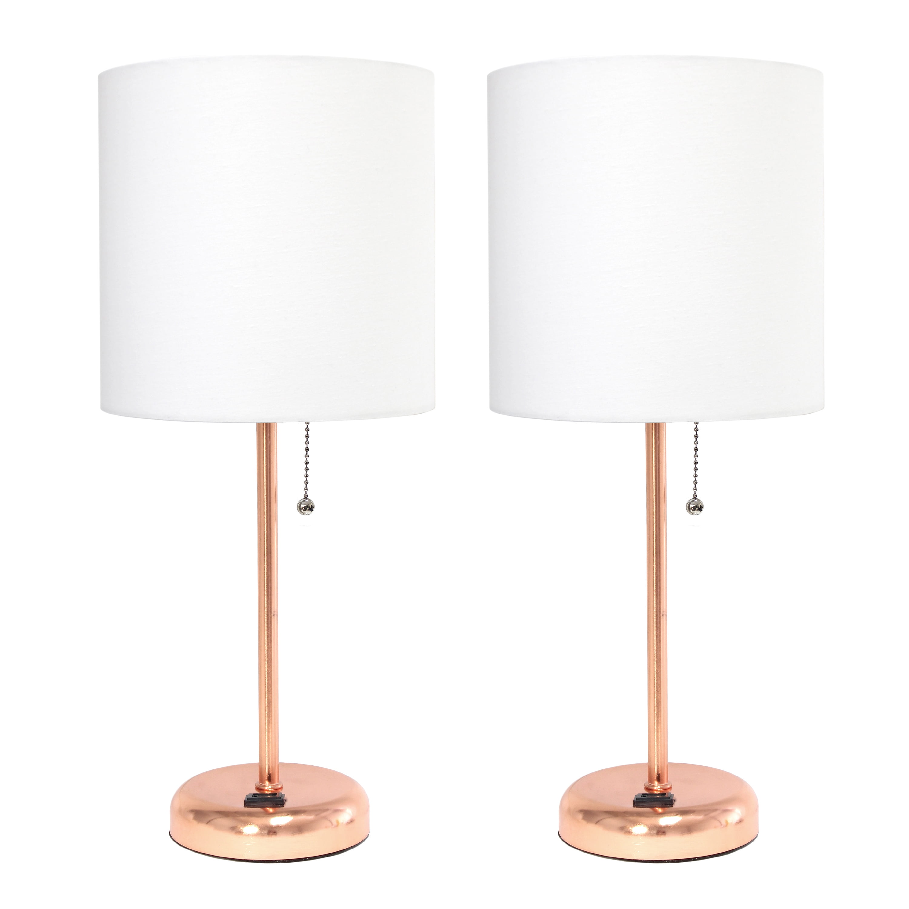Rose Gold and White Stick Nightstand Lamp Set with Fabric Shade