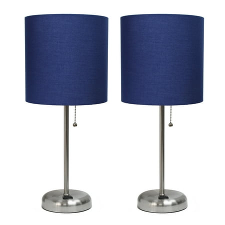 Limelights - Brushed Steel Stick Lamp with Charging Outlet and Fabric Shade 2 Pack Set, Navy