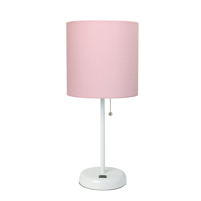 Simple Designs LC2001-POW-2PK White Stick Table Lamp Set with Charging  Outlet and Light Pink Fabric Shades, 2 Pack Set 