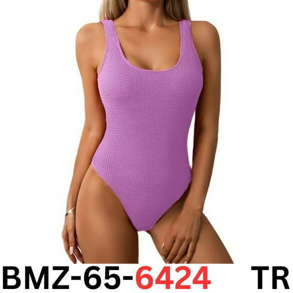 Limeeke Women 1pc Solid Ribbed Monokini Swimwear Scoop Neck Swimsuit, Purple XL