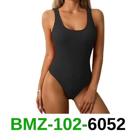 Limeeke Women One Piece Swimsuit Solid Ribbed Monokini Swimwear Scoop Neck , XS