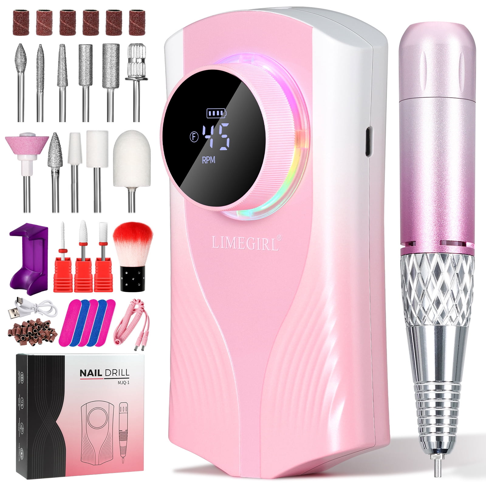 Limegirl Electric Nail Drill Kit 40000RPM Cordless Nail Drill with 14 Drill Bits, Rechargeable Nail E-File for Acrylic Gel Polishing Removing, Nail File Machine for Manicure Salon Home