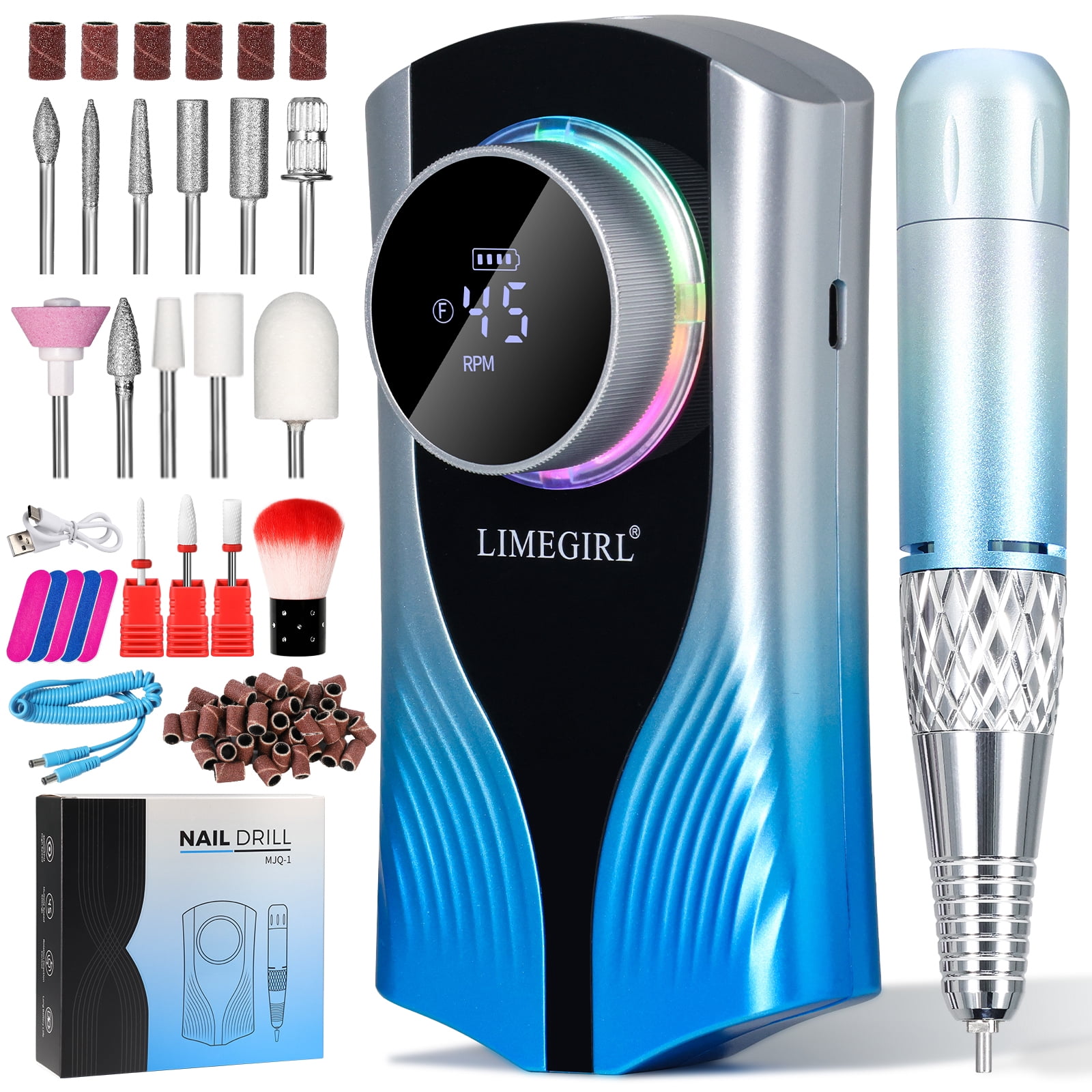 Limegirl Electric Nail Drill Kit 40000RPM Cordless Nail Drill with 14 Drill Bits, Rechargeable Nail E-File for Acrylic Gel Polishing Removing, Nail File Machine for Manicure Salon Home