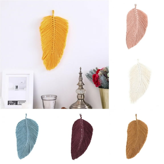 Limei 11.81" x 5.91" Handmade Macrame Wall Hanging Feather Boho Wall Decor Yellow Chic Woven Leaf Tassels Decoration Cotton Ornaments Tapestry Room Decor For Bedroom Living Room Apartment Porch