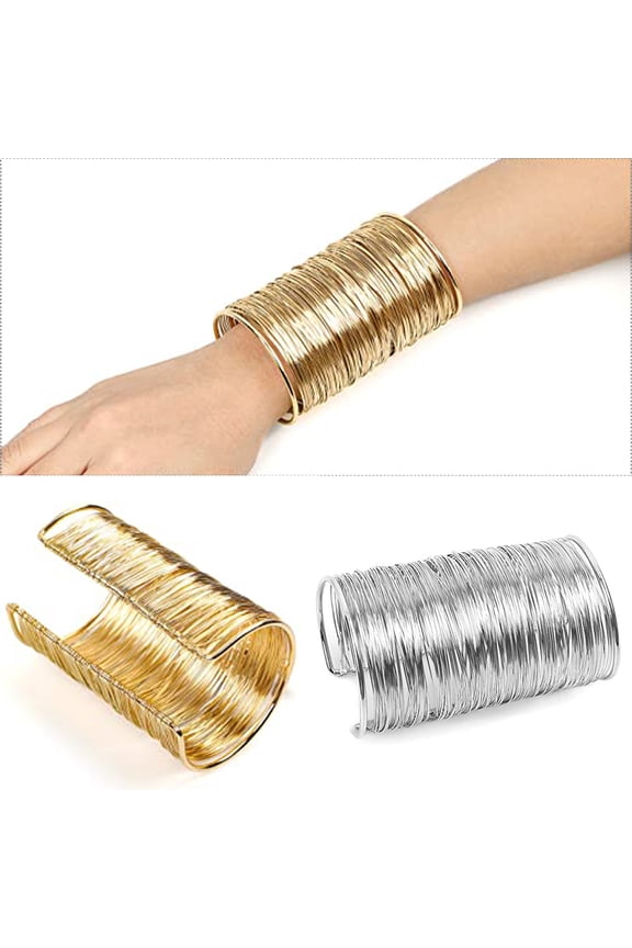 2 Pack Alloy Metal Gold Thin Thread Wire Open Cuff Wide Bracelet Bangle