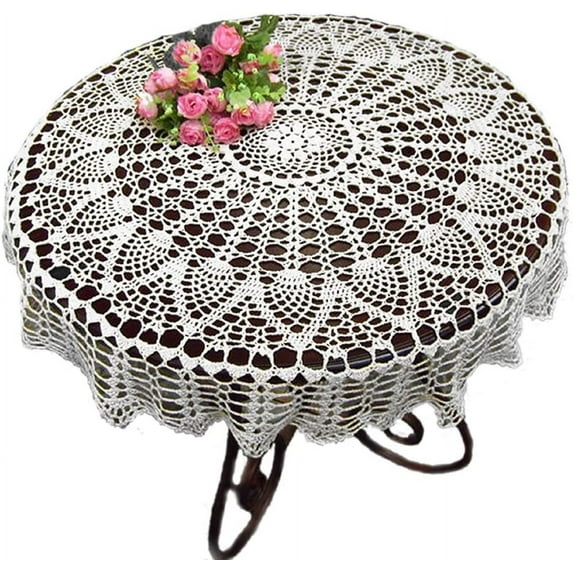 Limei 27.56inch White Round Handmade Crochet Sunflower Tablecloth Cotton Lace Table Doilies