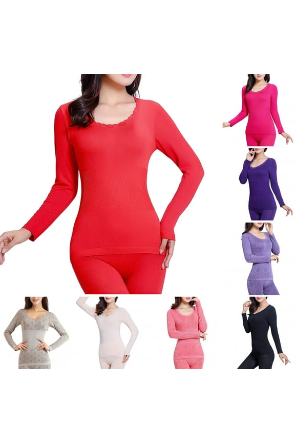 2Pcs Women's Thermal Underwear Set, Cotton Long Johns Lightweight Top & Bottom