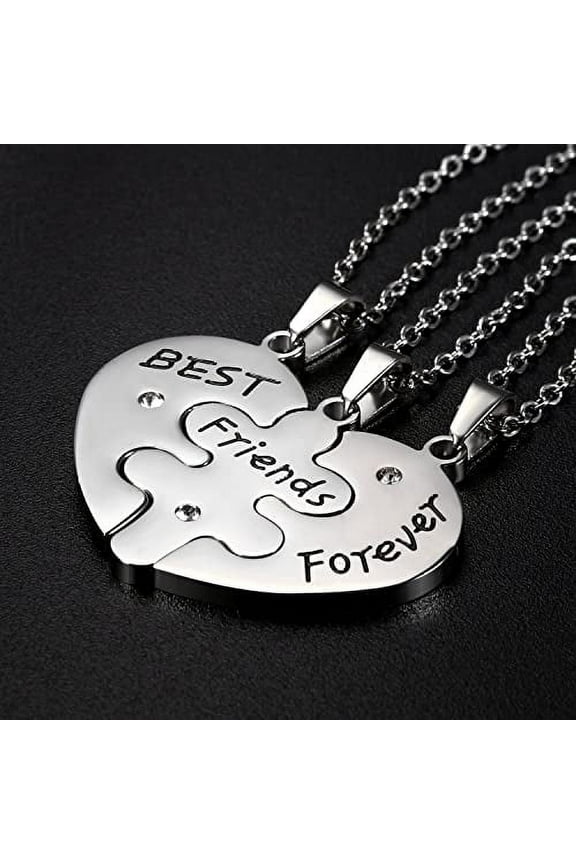 3 Pack Stainless Steel Sets of 3pcs Best Friends Forever Friendship Heart Puzzle Pendant Necklace,Silver,Gold,Black