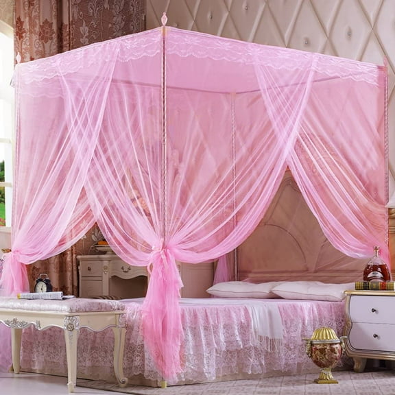 Limei 4 Corners Post Pink Canopy Bed Curtain for Girls & Adults - Cute Cozy Drape Square Netting - 4 Opening - Princess Bedroom Decoration(King, Pink)