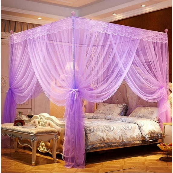 Limei 4 Corners Post Pink Canopy Bed Curtain for Girls & Adults - Cute Cozy Drape Square Netting - 4 Opening - Princess Bedroom Decoration(King, Purple)