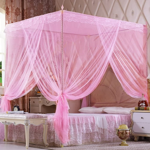 Limei 4 Corners Post Pink Canopy Bed Curtain for Girls & Adults Cute Cozy Drape Square Netting