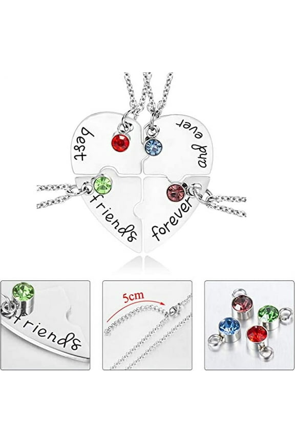 4Pcs Stainless Steel Best Friend Forever and Ever Rhinestone BFF Necklace Heart Shape Pendant Friendship Puzzle Stitching Necklace