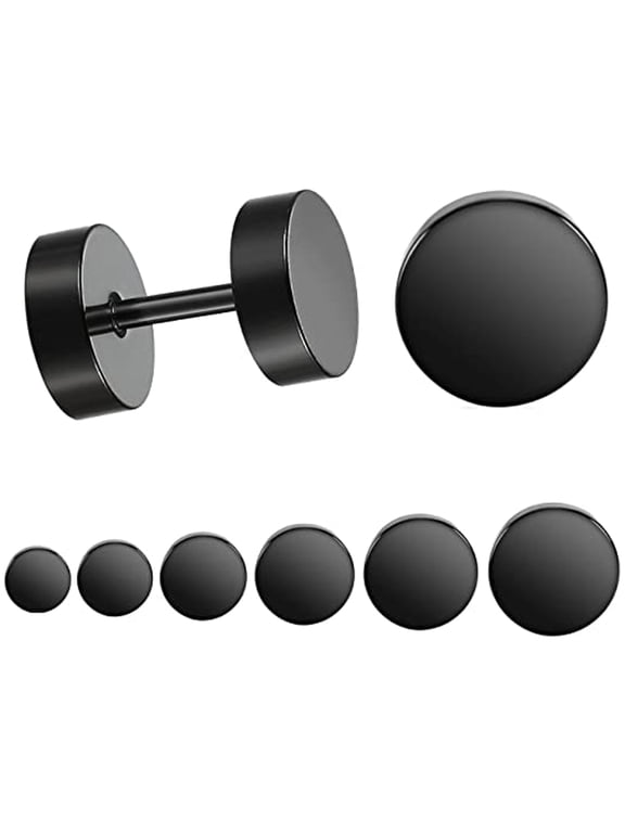 5 Pairs Black Stud Earrings Men Women Faux Gauges Ear Tunnel Stainless Steel Earrings 3mm 4mm 5mm 6mm 8mm 10mm 12mm 14mm