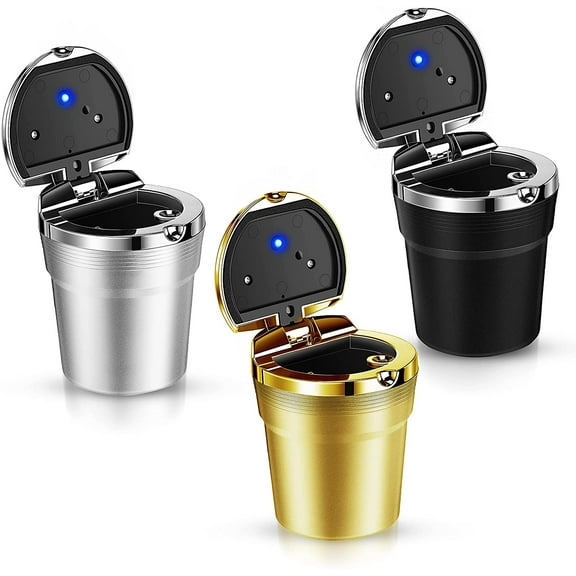 Limei Car Ashtray with Lid Smell Proof Portable Ashtray Automotive Ashtrays with Clamshell Blue LED Indicator Mini Car Trash Can Car Ash Tray Set Ideal for Car,Home and Office Silver