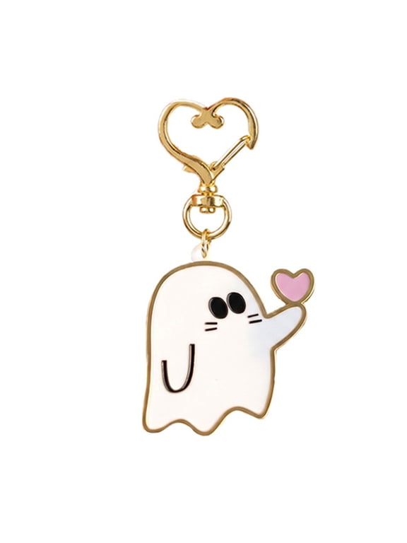 Cartoon Ghost Bag Charm Halloween Black White Ghost Keychain Holding Love Heart Ghost Key Chain for Couples Acrylic Ghost Charm for Backpacks Handbags